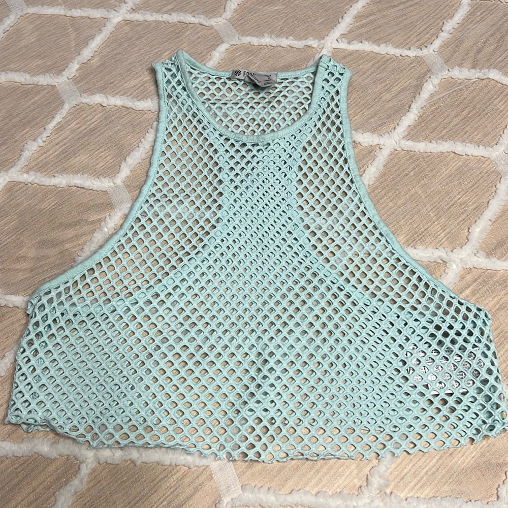 Forever 21 Light Blue Netted Racer-back Cropped Tank Top | Size XS